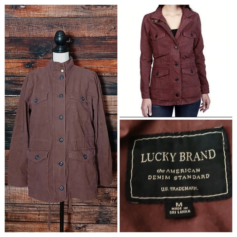 Lucky Brand Field Jacket M Burgundy Utility Pockets Cotton Full Zip Button